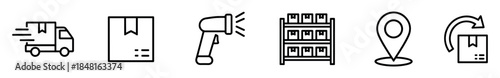 Collection of six black line art icons representing logistics and shipping concepts, including a delivery truck, parcel, scanner, warehouse shelf, map pin, and return symbol