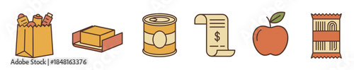 Set of six grocery shopping icons including a paper bag, butter, can, receipt, apple, and packaged goods, illustrated in a simple, retro line art style with a warm color palette