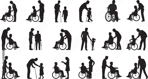 Caregiver assisting people with disability in wheelchair Vector, illustration