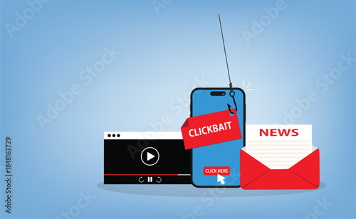 Clickbait message.Clickbait concept with smartphone and fishing hook on message
