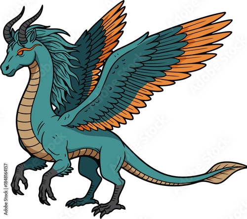 Flat vector illustration of Equinox Wyverling, a mythical hybrid anomaly creature with a horse head, dragon horns, feathered wings, and a serpent body, isolated on white background.