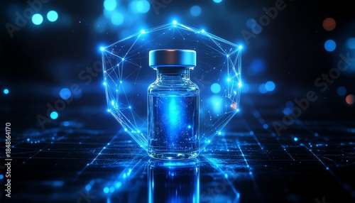 Futuristic medical vial protected by digital glowing shield and plexus network on dark blue background.