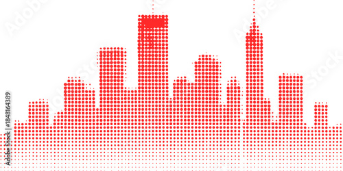 A vibrant New York City skyline vector illustration features a red silhouette of urban skyscrapers and business towers designed as a modern music sound equalizer landscape