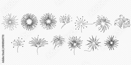 Set of hand-drawn fireworks and sparklers illustrations in sketch style for celebration designs.
