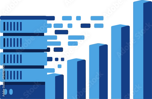 Dynamic graphic showcasing rising AI demand with data servers and a growing bar chart. Modern, blue color scheme. Ideal for tech and business visuals.
