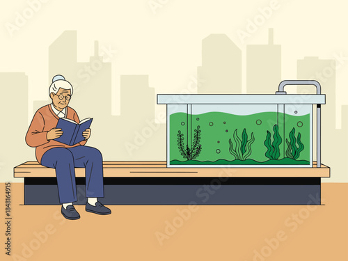 An elderly woman enjoys a peaceful moment, reading by a vibrant aquarium. A serene scene of relaxation and nature, promoting well-being.
