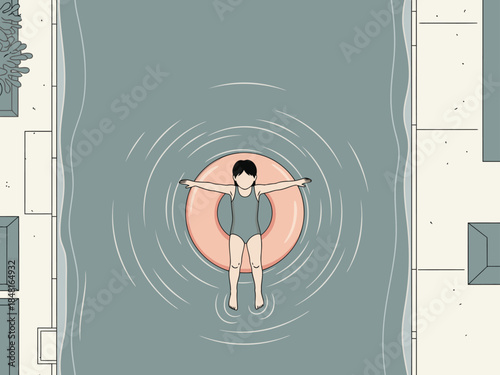 A young girl floats peacefully in a pool, wearing a life vest and enjoying a relaxing moment. Simple, calming illustration with a focus on tranquility.