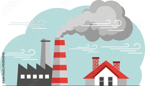 Industrial smoke drifts towards a residential area, illustrating shared air quality. A factory and house are depicted with a stylized, modern aesthetic.  Focus on environmental impact.
