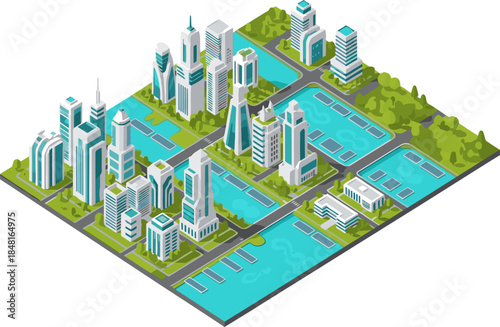 Isometric future city illustration showcasing a modern metropolis with skyscrapers, waterways, and green spaces. A vibrant, detailed design perfect for urban concepts.