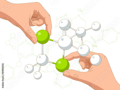Two hands carefully manipulate a molecular model, symbolizing innovation and yield. A vibrant chemical structure is highlighted, suggesting scientific advancement and collaboration.