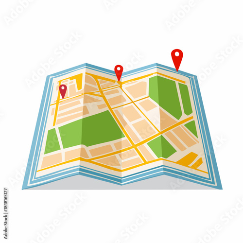 Brightly colored illustrated city map with multiple red location pins, perfect for travel, navigation, or finding places and planning routes