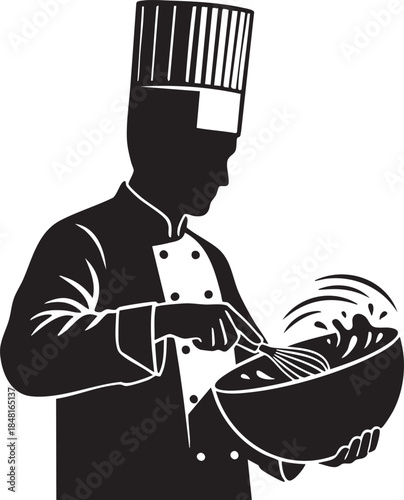 Chef Whisking Vigorously Mixing Bowl Culinary Action Silhouettes isolated on white background