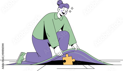 A woman kneels, intently fitting a puzzle piece. A playful illustration style showcases focus and problem-solving. Modern, vibrant colors.