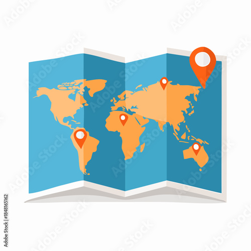 World map with location pins indicating travel destinations and exploration points across continents, ideal for travel blogs and navigation apps