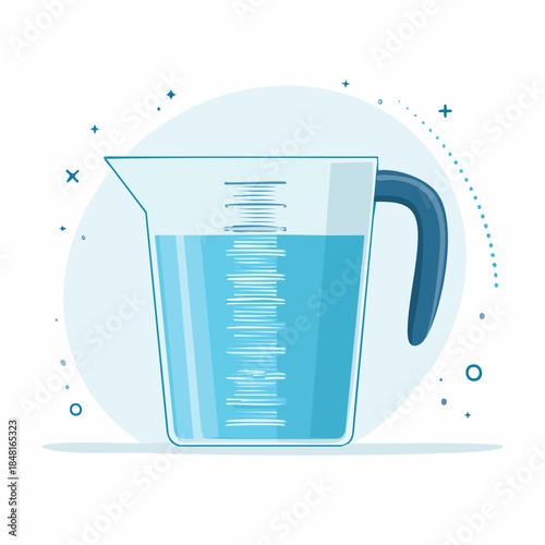 Vector illustration of a transparent graduated measuring cup containing a blue liquid, symbolizing precision and accurate volume measurement in kitchen and science