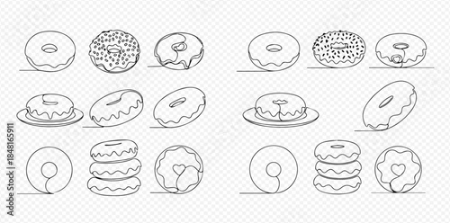 Set of continuous line art drawings of various donuts with different toppings and arrangements.