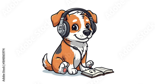 Cute cartoon beagle puppy wearing headphones and reading a book, portraying an adorable canine character enjoying education or audiobook experience
