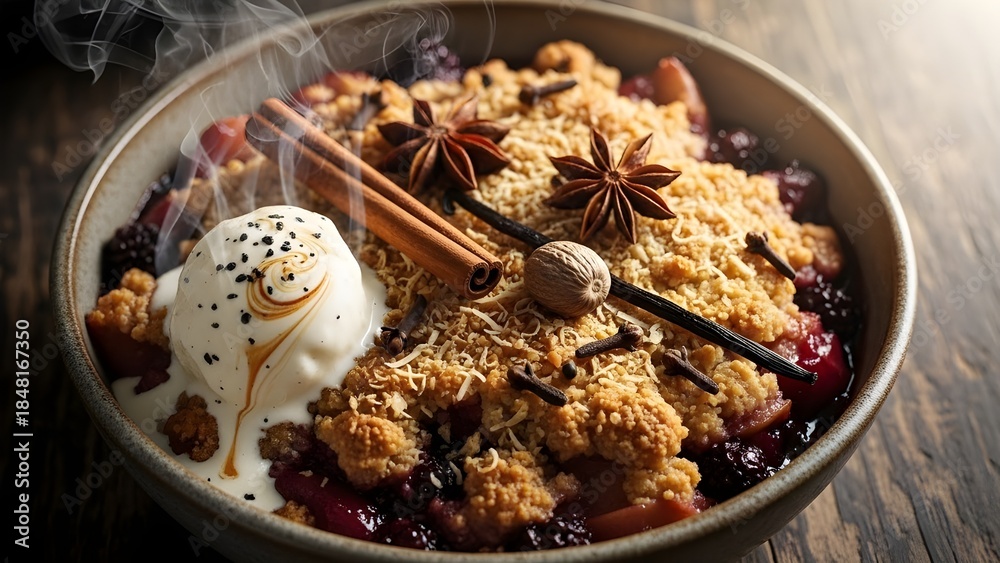 Fototapeta premium Warm fruit crumble dessert with vanilla ice cream, cinnamon sticks, star anise, and nutmeg on a dark wooden table, steaming hot