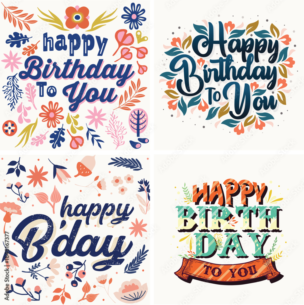 Fototapeta premium Floral Happy Birthday Card Set