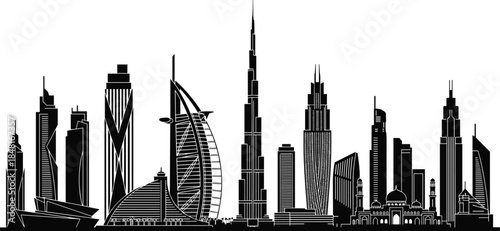 Dubai city skyline silhouette featuring Burj Khalifa and iconic landmarks, black and white vector illustration isolated on white background