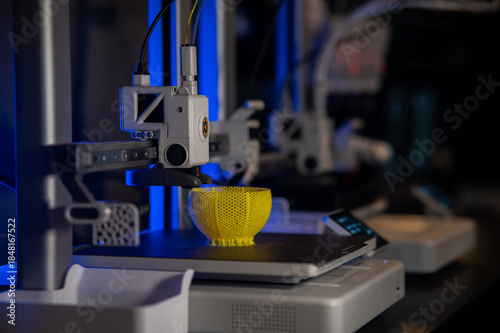 3D printer. Blank Empty 3D printer. 3D printer not working. Blank clean 3D printer desktop without printing process.