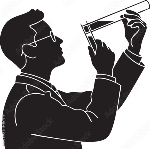 Lab Technician Inspecting Glass Test Tube Scientific Research Silhouettes isolated on white background