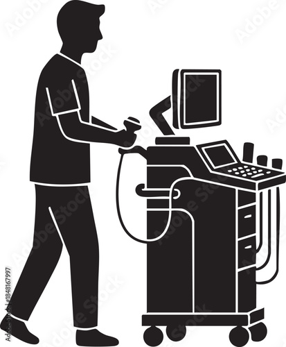 Medical Staff Portable Ultrasound Machine Transducer Probe Silhouettes isolated on white background