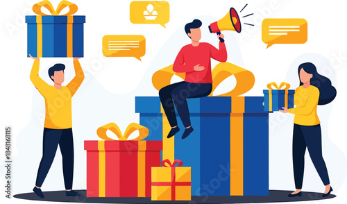 People celebrating and announcing with gift boxes, spreading joy and promotions