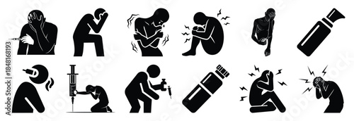 set of drug addiction silhouette icon vector illustration isolated on white background