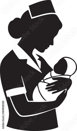 Nurse Holding Swaddled Newborn Baby Maternity Care Silhouettes isolated on white background