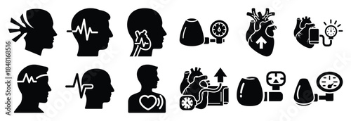 set of high blood pressure silhouette icon vector illustration isolated on white background