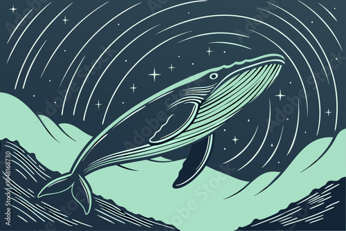 Majestic Whale Swimming in a Stylized Deep Ocean with Stars