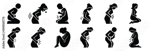 set of menstrual pain silhouette icon vector illustration isolated on white background