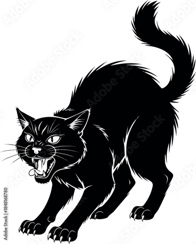 Black silhouette of an aggressive black cat hissing with arched back and bristled fur, vector illustration isolated on White background. Halloween design element.