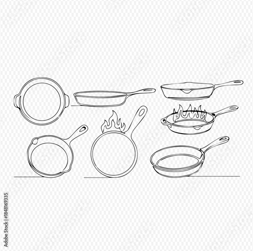 Continuous line drawing of various kitchen frying pans and cooking utensils, isolated on a transparent background.