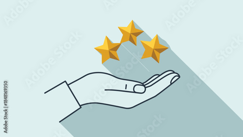 Hand holding three golden stars, representing excellent rating and achievement