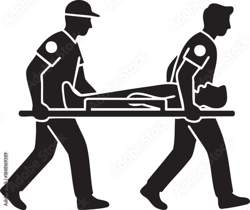 Paramedics Carrying Stretcher Emergency Patient Transport Silhouettes isolated on white background