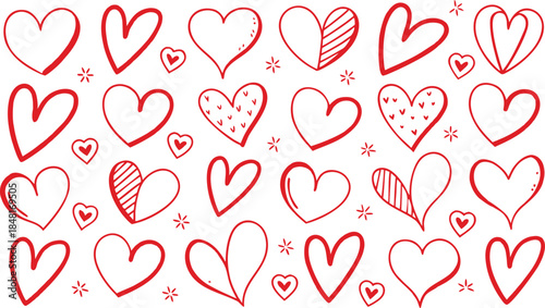 a collection of hand drawn red hearts in various styles and designs scattered across a white background showcasing love and affection high quality professional