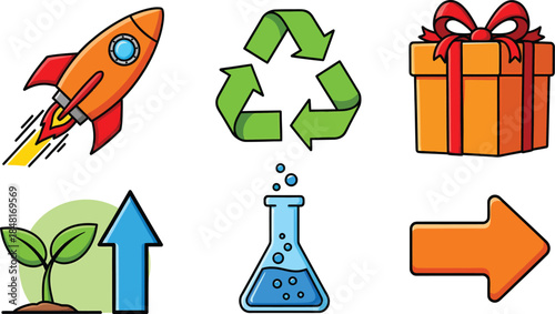 Collection of colorful icons representing innovation, growth, and sustainability concepts.