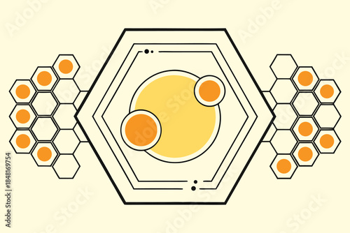 an illustrative depiction of a central hexagon with nested shapes and surrounding honeycomb patterns in warm orange tones high quality professional detailed modern elegant