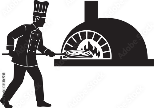 Pizza Chef Long Peel Sliding Pizza Brick Oven Action Silhouettes isolated on white background