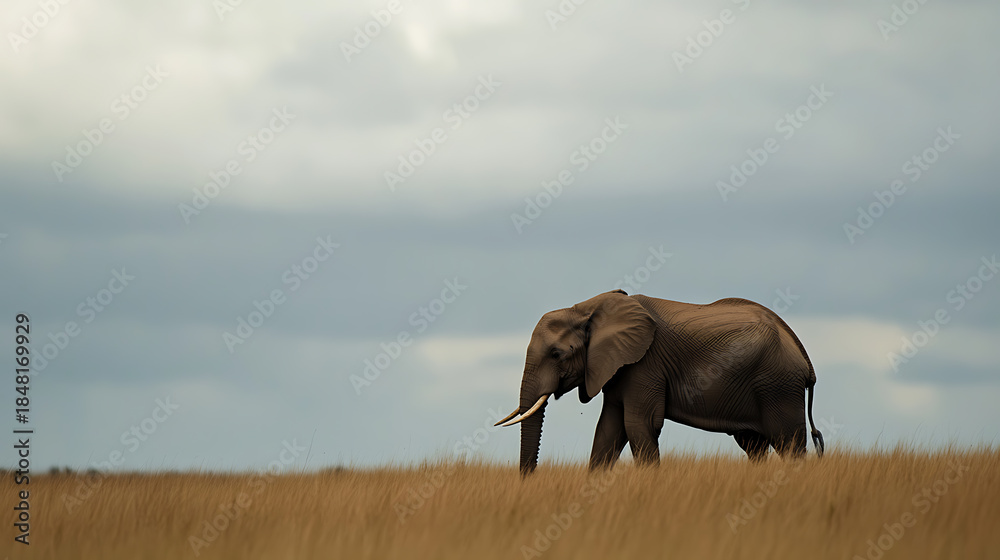Fototapeta premium Majestic elephant strides across golden savanna, its silhouette a testament to wildlife's enduring beauty against the vast, clouded sky. A symbol of nature.