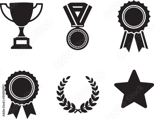 Silhouette Reward icon set. Award, prize and medal symbol. Vector illustration white background.