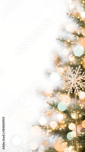 New Year banner with New Year decor on a blurred background, bokeh effect.