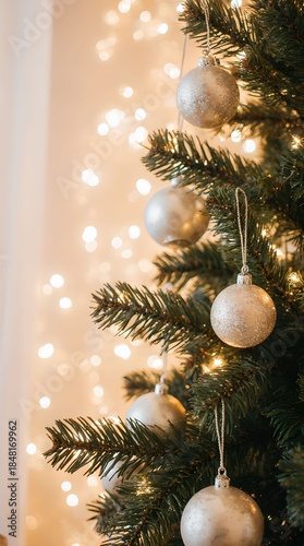 Christmas tree decorated with toys and snow on a blurred background, bokeh effect