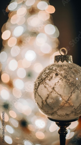 Christmas tree decorated with toys and snow on a blurred background, bokeh effect
