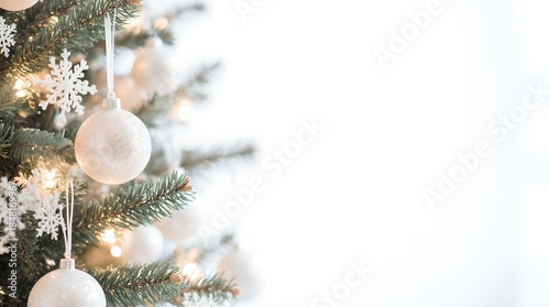 A bright decoration against a shining Christmas tree with bokeh background