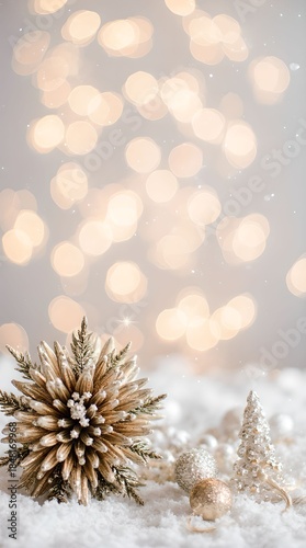 Christmas tree decorated with toys and snow on a blurred background, bokeh effect