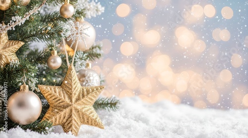 New Year banner with New Year decor on a blurred background, bokeh effect.