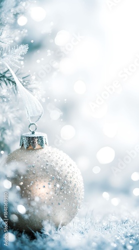 A bright decoration against a shining Christmas tree with bokeh background